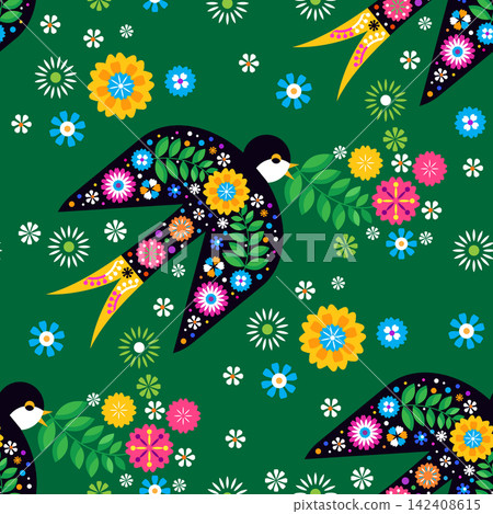 Swallow seamless pattern for National Hispanic Heritage Month, spanish culture America celebrate template with birds, floral foliage Vector colorful cute ornament illustration 142408615