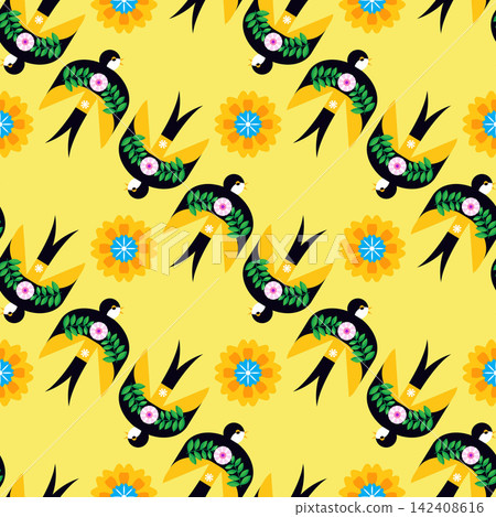 Swallow seamless pattern for National Hispanic Heritage Month, spanish culture America celebrate template with birds, floral foliage Vector colorful cute ornament illustration Swallow seamless pattern for National Hispanic Heritage Month, spanish culture America celebrate template with birds, floral foliage Vector colorful cute ornament illustration 142408616
