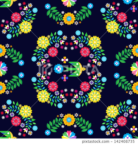 Swallow seamless pattern for National Hispanic Heritage Month, spanish culture America celebrate template with birds, floral foliage Vector colorful cute ornament illustration Swallow seamless pattern for National Hispanic Heritage Month, spanish culture America celebrate template with birds, floral foliage Vector colorful cute ornament illustration 142408735