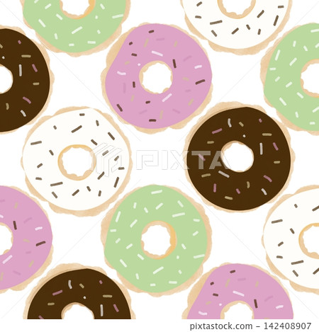 Cute watercolor mixed donut seamless pattern background, hand-drawn colorful doughnut grid texture Cute watercolor mixed donut seamless pattern background, hand-drawn colorful doughnut grid texture 142408907