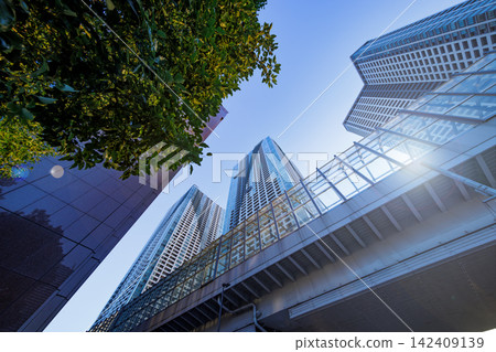 高聳入雲的公寓大樓和城市景觀直插藍天。 142409139