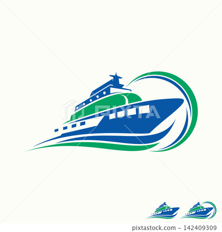 Modern cruise ship cargo boat logo design template featuring dynamic blue and green ocean waves for maritime transport and shipping logistics brand. Modern cruise ship cargo boat logo design template featuring dynamic blue and green ocean waves for maritime transport and shipping logistics brand. 142409309