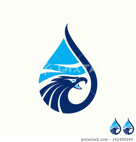 Modern eagle drop ocean wave logo design template featuring blue falcon head and water droplet for security, maritime, or environment identity aqua. Modern eagle drop ocean wave logo design template featuring blue falcon head and water droplet for security, maritime, or environment identity aqua. 142409344