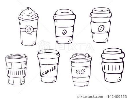 Coffee To Go Cups Set of 7 Hand Drawn Doodle Icons Coffee To Go Cups Set of 7 Hand Drawn Doodle Icons 142409353