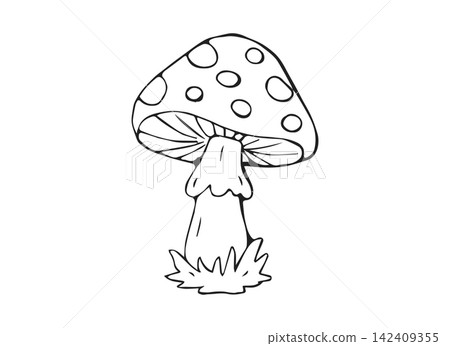 Hand Drawn Fly Agaric Mushroom with Spotted Cap Line Art Doodle Illustration for Nature and Forest Design Hand Drawn Fly Agaric Mushroom with Spotted Cap Line Art Doodle Illustration for Nature and Forest Design 142409355