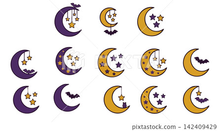 Halloween Crescent Moon Vector Set with Stars, Hanging Ornaments, Bats, and Cat Silhouette Halloween Crescent Moon Vector Set with Stars, Hanging Ornaments, Bats, and Cat Silhouette 142409429