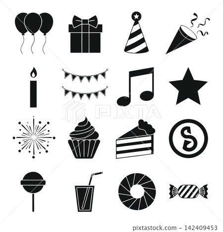 The image shows a set of 16 black-and-white vector icons related to birthdays and celebrations The image shows a set of 16 black-and-white vector icons related to birthdays and celebrations 142409453
