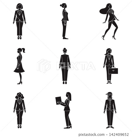 The image shows a set of nine black-and-white vector silhouettes representing business women and office workers in various professional poses, outfits, and actions 142409652