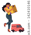 Happy woman hugging cardboard parcel box near delivery van flat vector illustration 142410146
