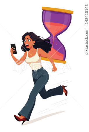 Shocked woman running with smartphone near giant hourglass vector flat design illustration Shocked woman running with smartphone near giant hourglass vector flat design illustration 142410148