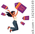 Excited woman jumping with discount price tags vector flat design illustration 142410149