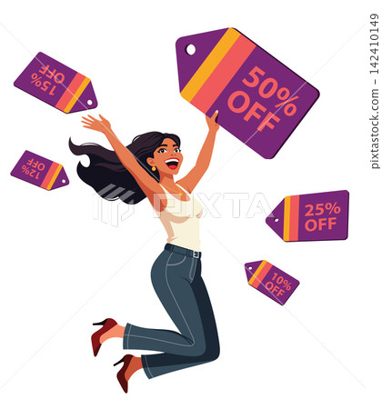 Excited woman jumping with discount price tags vector flat design illustration Excited woman jumping with discount price tags vector flat design illustration 142410149