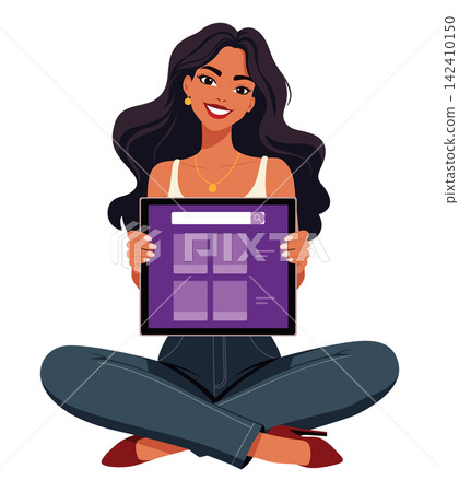 Smiling woman sitting cross legged holding tablet display vector flat design illustration 142410150