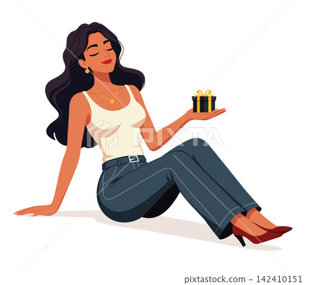 Woman sitting on floor holding small gift box vector flat design illustration Woman sitting on floor holding small gift box vector flat design illustration 142410151
