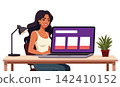 Smiling woman sitting at desk using laptop flat vector illustration 142410152