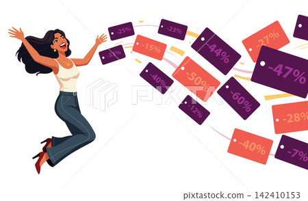 Joyful woman jumping toward flying discount price tags vector flat design illustration Joyful woman jumping toward flying discount price tags vector flat design illustration 142410153