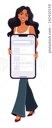 Smiling woman holding large smartphone display vector flat design illustration 142410159
