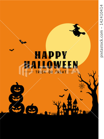 Halloween banner illustration featuring silhouettes of jack-o'-lanterns, witches, ghosts, a mansion, bats, and the moon. Halloween banner illustration featuring silhouettes of jack-o'-lanterns, witches, ghosts, a mansion, bats, and the moon. 142410414