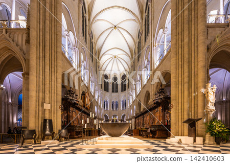 The beautiful interior and altar of Notre Dame Cathedral in Paris after its restoration and reopening. The beautiful interior and altar of Notre Dame Cathedral in Paris after its restoration and reopening. 142410603