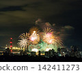 Spectacular colorful fireworks illuminating the night sky above a dense city skyline during a festive celebration. 142411273