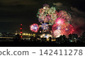 Spectacular colorful fireworks illuminating the night sky above a dense city skyline during a festive celebration. 142411278