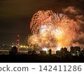Spectacular colorful fireworks illuminating the night sky above a dense city skyline during a festive celebration. 142411286