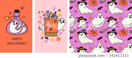 Happy Halloween posters, cards and seamless pattern with potion bottle, ghosts, pumpkins and bats Happy Halloween posters, cards and seamless pattern with potion bottle, ghosts, pumpkins and bats 142411331