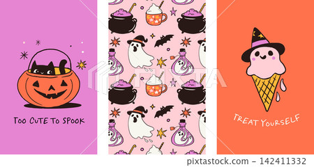 Halloween posters, cards and seamless pattern with cauldron, potion bottle, ghosts and pumpkin Halloween posters, cards and seamless pattern with cauldron, potion bottle, ghosts and pumpkin 142411332