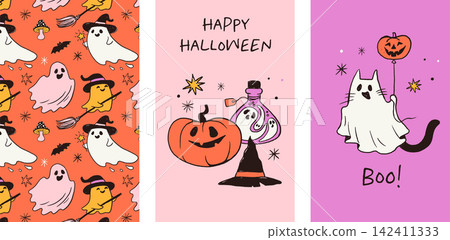 Happy Halloween posters, cards and seamless pattern with cat ghosts, potion bottle and pumpkins Happy Halloween posters, cards and seamless pattern with cat ghosts, potion bottle and pumpkins 142411333