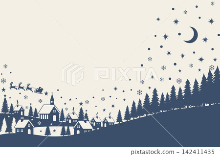 Christmas landscape illustration with santa claus sleigh, winter village, pine trees and stars in vintage navy blue and cream tone Christmas landscape illustration with santa claus sleigh, winter village, pine trees and stars in vintage navy blue and cream tone 142411435
