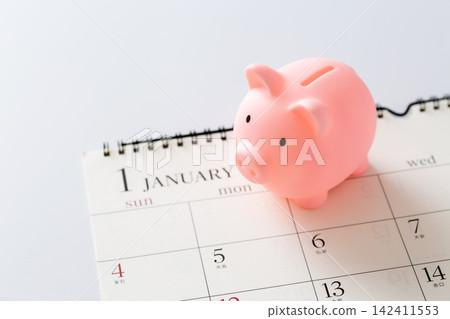 A pink piggy bank and a January calendar A pink piggy bank and a January calendar 142411553