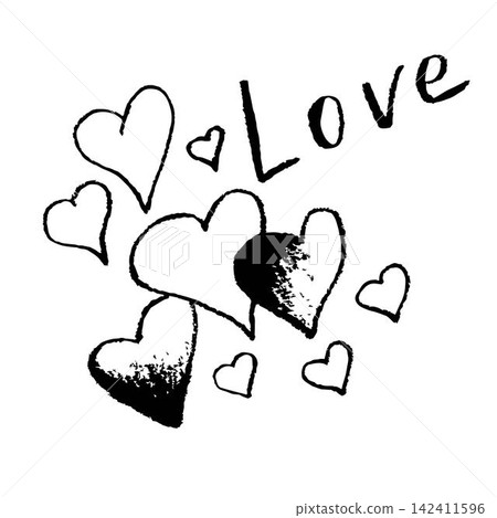 Vector illustration for the holiday of all lovers, Valentine's Day, February 14. A group of doodle hearts of different shapes and sizes, the inscription love. Freehand drawn black outline. Vector illustration for the holiday of all lovers, Valentine's Day, February 14. A group of doodle hearts of different shapes and sizes, the inscription love. Freehand drawn black outline. 142411596