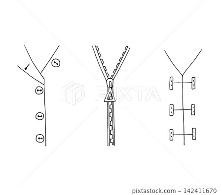 Vector freehand drawing, the contours of the zipper lock, clasp, buttons. Options for fastening clothes. Sketch set for sewing, tailor design. Vector freehand drawing, the contours of the zipper lock, clasp, buttons. Options for fastening clothes. Sketch set for sewing, tailor design. 142411670