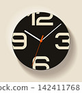Modern black wall clock with large cream numbers, white hands and bright orange second hand on a neutral beige background. Minimal contemporary clock design with soft long shadow, suitable for time 142411768