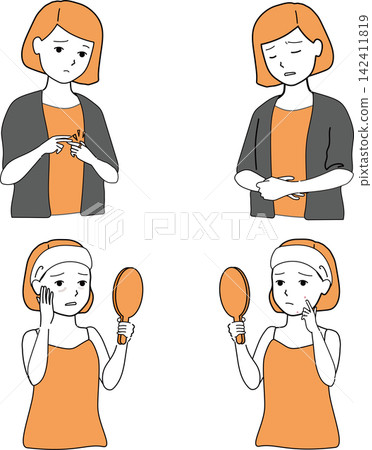 A set of vector illustrations of women experiencing physical discomfort, such as premenstrual syndrome. A set of vector illustrations of women experiencing physical discomfort, such as premenstrual syndrome. 142411819