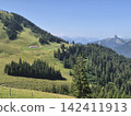 High Alpine Meadow with Winding Trail and Mountain Cabin. Perspective of a gravel path in lush green mountain terrain, leading up toward a secluded alpine house building 142411913