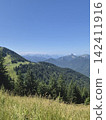 High Alpine Meadow with Winding Trail and Mountain Cabin. Perspective of a gravel path in lush green mountain terrain, leading up toward a secluded alpine house building 142411916