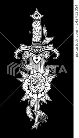 Ornamental Dagger with Rose Flower Vector Line Art Ornamental Dagger with Rose Flower Vector Line Art 142412054