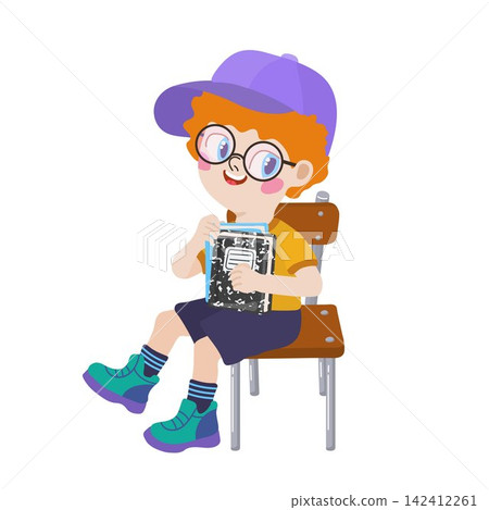 School boy sitting on chair holding notebooks isolated on white for classroom education and student design School boy sitting on chair holding notebooks isolated on white for classroom education and student design 142412261