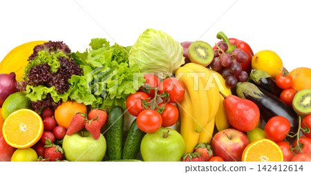 Vibrant Composition Of Raw Vegetables Mix And Sweet Ripe Fruits Vibrant Composition Of Raw Vegetables Mix And Sweet Ripe Fruits 142412614