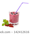 Fresh Berry Smoothie Beverage in Glass With Purple Drinking Straw and Currant Garnish Isolated White Background 142412616
