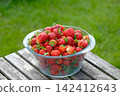 Fresh organic strawberries in a glass cup on a sunny day in the garden 142412643