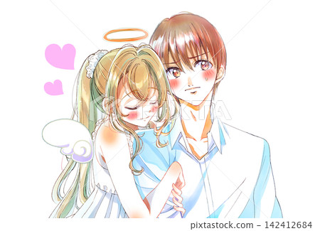 A man being clung to by a woman - an angel 142412684