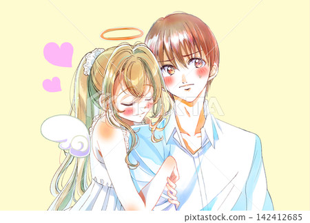 A man being clung to by a woman - an angel A man being clung to by a woman - an angel 142412685