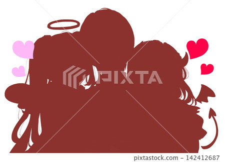 一個男人被兩個女人、一個天使和一個魔鬼的剪影包圍著。 一個男人被兩個女人、一個天使和一個魔鬼的剪影包圍著。 142412687