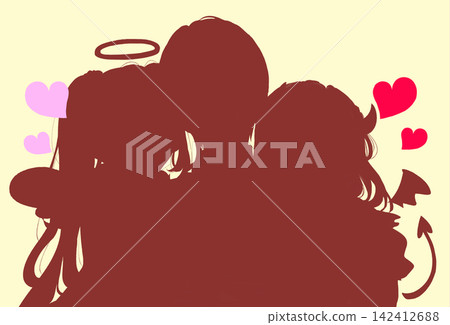 一個男人被兩個女人、一個天使和一個魔鬼的剪影包圍著。 一個男人被兩個女人、一個天使和一個魔鬼的剪影包圍著。 142412688