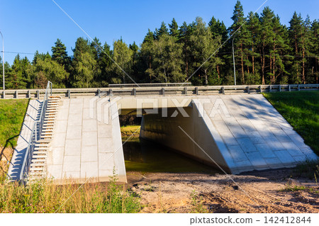 Concrete culvert tunnel beneath a modern highway road featuring metal guardrails and side access stairs surrounded by a lush pine forest landscape on a bright sunny summer day Concrete culvert tunnel beneath a modern highway road featuring metal guardrails and side access stairs surrounded by a lush pine forest landscape on a bright sunny summer day 142412844