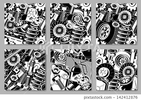 Automotive Mechanic Seamless Pattern Set, Vintage Black and White Car Parts, Engine Components, Gears, Wheels and Tools for Garage and Industrial Design Automotive Mechanic Seamless Pattern Set, Vintage Black and White Car Parts, Engine Components, Gears, Wheels and Tools for Garage and Industrial Design 142412876