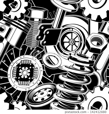 Automotive Parts Seamless Pattern with Vintage Car Engine Components, Gears, Wheels, Suspension and Mechanic Tools for Garage and Textile Design Automotive Parts Seamless Pattern with Vintage Car Engine Components, Gears, Wheels, Suspension and Mechanic Tools for Garage and Textile Design 142412880