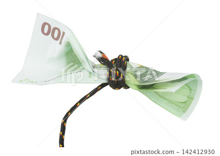 Several 100 Euro banknotes are tied together with a black and colorful rope. Several 100 Euro banknotes are tied together with a black and colorful rope. 142412930
